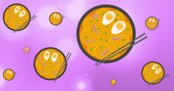 Image Bowls Noodles Eggs Chopsticks Moving Bokeh Lights Purple Background — Stock Photo, Image