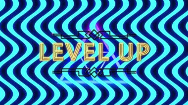 Mavi ve siyah kavisli şeritlerin üzerinde sarı renkli metin çizgilerinin animasyonu. Sosyal medya, video oyunu ve küresel iletişim ağı konsepti dijital olarak oluşturuldu.