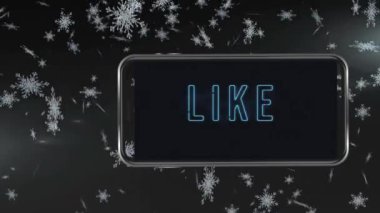 Arkaplanda yağan kar yüzünden akıllı telefon ekranındaki metnin animasyonu. Dijital olarak oluşturulan noel zamanı konsepti sırasında küresel sosyal medya, bağlantılar ve dijital arayüz.