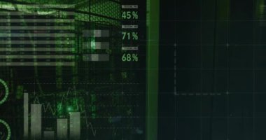 Bilgisayar sunucularının yeşil ışıkları üzerinden istatistik ve veri işleme animasyonu. veri işleme, bulut hesaplama konsepti ve teknoloji konsepti dijital olarak oluşturulmuş video.