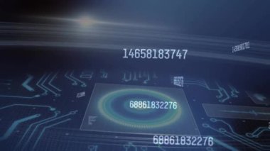 Sayıların değişiminin animasyonu ve veri işlemeli bilgisayar devre kartı. küresel veri işleme, ağlar ve bağlantılar konsepti dijital olarak oluşturulmuş video.