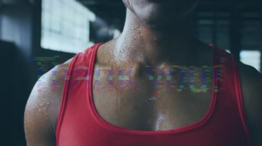 Teşekkür mesajının animasyonu spor salonundaki Afro-Amerikan sporcu üzerinden. global sporlar, sağlıklı yaşam tarzı ve dijital arayüz konsepti dijital olarak oluşturulmuş video.