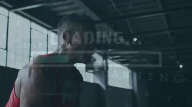 Afro-Amerikan sporcu üzerinde veri işleme animasyonu çizgilerle egzersiz yapıyor. global sporlar, sağlıklı yaşam tarzı ve dijital arayüz konsepti dijital olarak oluşturulmuş video.
