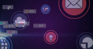 Mor arkaplan üzerinde sosyal medya simgeleri ve numaraların animasyonu. küresel sosyal medya, bağlantılar ve dijital arayüz konsepti dijital olarak oluşturulmuş video.