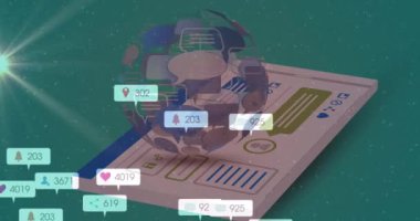 Yeşil arka planda dönen sosyal medya simgeleri ve numaraların animasyonu. küresel sosyal medya, bağlantılar ve dijital arayüz konsepti dijital olarak oluşturulmuş video.