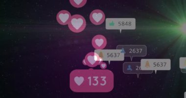 Sosyal medya simgelerinin ve numaraların canlandırılması arka planda aşk ikonları. küresel sosyal medya, bağlantılar ve dijital arayüz konsepti dijital olarak oluşturulmuş video.