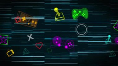 Parlayan mavi ışıklar üzerinde renkli oyun ve medya simgelerinin canlandırılması. Sosyal medya, video oyunu ve küresel iletişim ağı konsepti dijital olarak oluşturuldu.