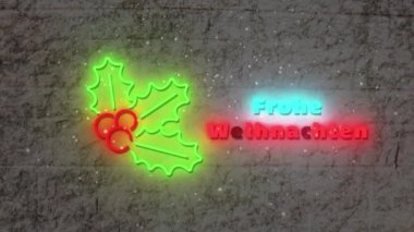 Neon noel animasyonları Almanca selamlamalar ve tuğla duvarın üzerindeki dekorasyonlar. Noel geleneği ve kutlama konsepti dijital olarak oluşturulmuş video.