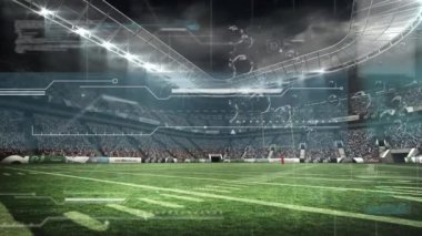 Spor stadyumundaki çim sahası üzerinde tarayıcı işlemlerinin animasyonu. spor, rekabet, küresel iletişim ve veri teknolojisi konsepti dijital olarak oluşturulmuş video.
