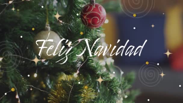 Animación Las Fiestas Navideñas Saludos Español Sobre Adornos Adornos Árbol — Vídeo de stock