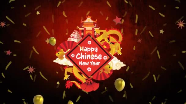 Animation Texte Heureux Nouvel Chinois Avec Temple Dragon Ballons Confettis — Video