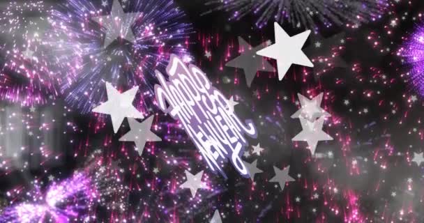 Animación Feliz Año Nuevo Texto Blanco Púrpura Con Estrellas Fuegos — Vídeo de stock