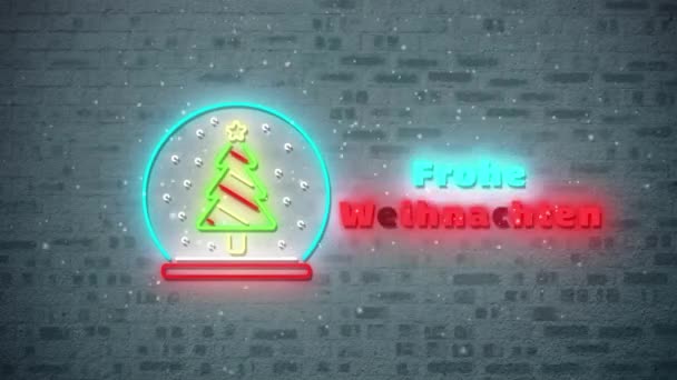 霓虹灯的动画圣诞佳节用德语打招呼 用砖墙装饰 圣诞节传统和数字制作的视频庆祝概念 — 图库视频影像