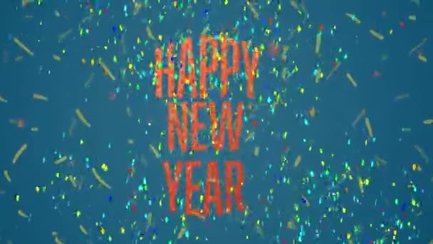 Animation Happy New Year Text Orange Colourful Confetti Blue Background — Stock Video