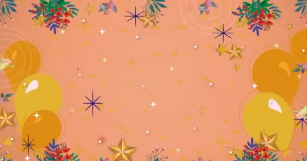 Animatie Van Vrolijke Nieuwjaarstekst Rood Met Bloemen Ballonnen Roze Achtergrond — Stockvideo