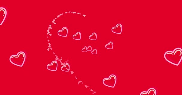 Анимация Розовых Сердец Движущихся Красном Фоне Валентинки Любовь Романтика Концепция — стоковое видео