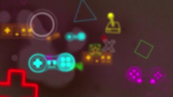 Анімація Обробки Сканерів Барвисті Ігрові Медіа Піктограми Темному Тлі Соціальні — стокове відео