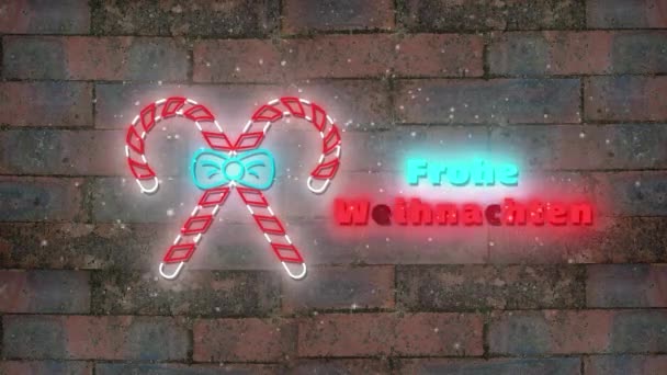 霓虹灯的动画圣诞佳节用德语打招呼 用砖墙装饰 圣诞节传统和数字制作的视频庆祝概念 — 图库视频影像