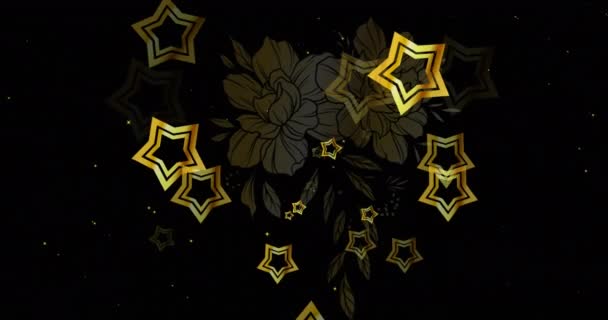 Animation Fleurs Lèvres Étoiles Dorées Sur Neige Tombant Sur Fond — Video