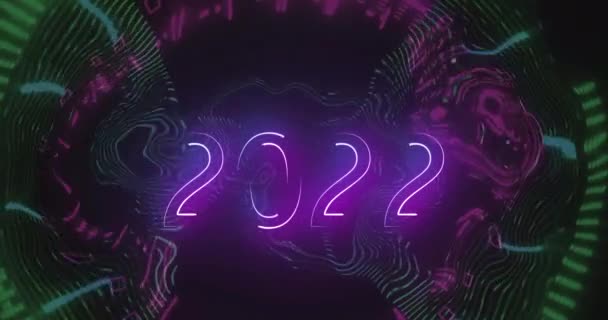 Animation 2022 Text Glowing Blue Pink Wavy Lines Black Background — Stock Video