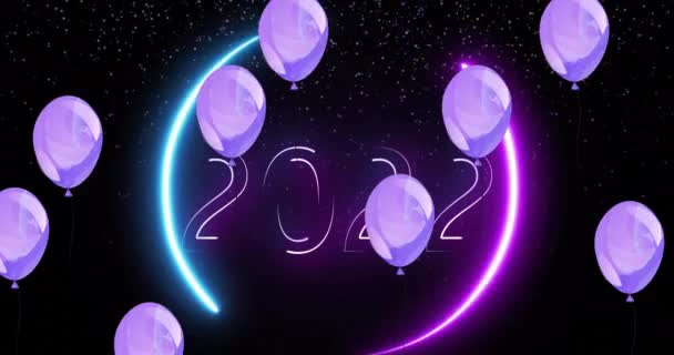 Animation 2022 Text Glowing Pink White Lights Purple Balloons Black — Stock Video