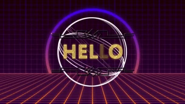 Animatie Van Hello Tekst Geel Neon Bord Met Cirkelvormige Scanner — Stockvideo