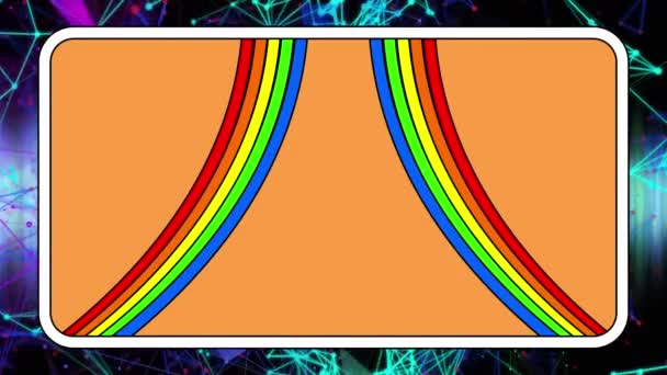用两条彩虹条纹在发光的网络上移动并在黑色上发光的橙色面板动画 数字生成的数据处理和通信技术网络概念 — 图库视频影像