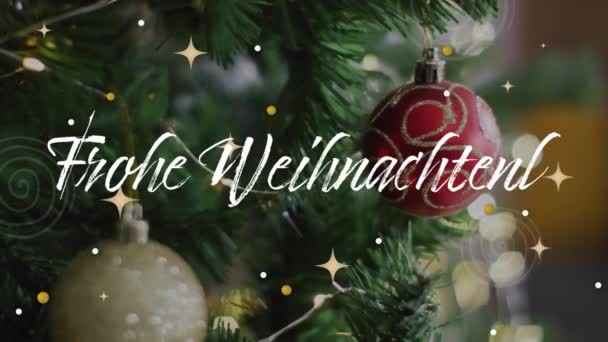 Animation Von Weihnachtsgrüßen Deutscher Sprache Über Christbaumkugeln Weihnachtsbaum Weihnachtstradition Und — Stockvideo