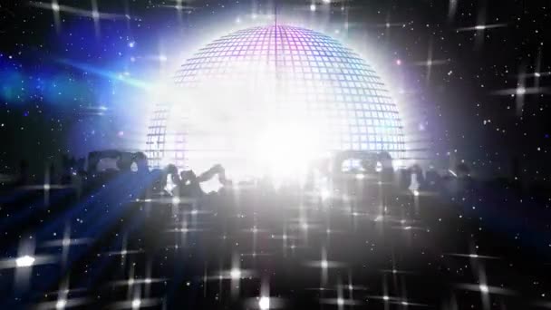 Animation Mirrorball Flashing Blue White Lights Dancing Crowd Black Background — Stock Video