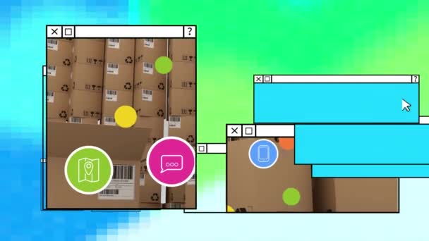 Animación Iconos Digitales Procesamiento Datos Pilas Cajas Cartón Envío Global — Vídeo de stock