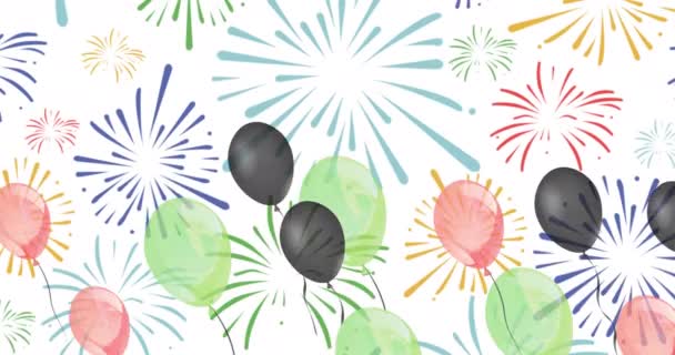 Animación Ilustración Globos Fiesta Moviéndose Sobre Explosiones Fuegos Artificiales Sobre — Vídeos de Stock