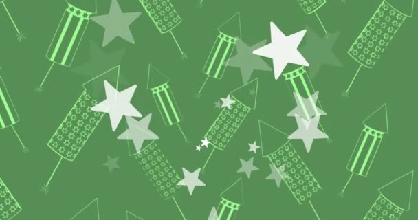 Animation White Stars Rocket Fireworks Green Background New Year Celebration — Stock Video