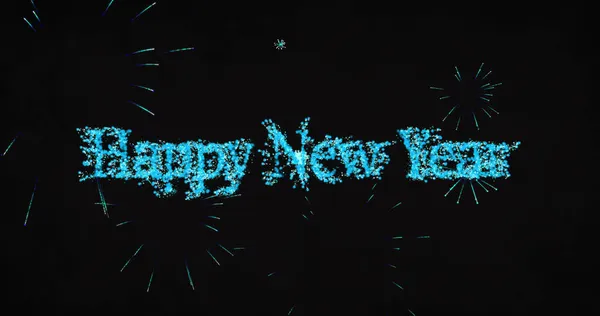 Image New Year Eve Greetings Blue Fireworks Exploding Black Background — Stock Photo, Image