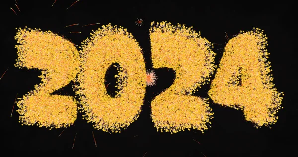 2024年图片和黄色烟花在黑色背景爆炸 新年派对庆祝理念数码生成的形象 — 图库照片