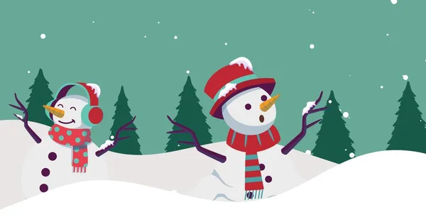 Digital Composite Image Decorated Snowmen Trees Night Winter Christmas Celebration — Stock Photo, Image
