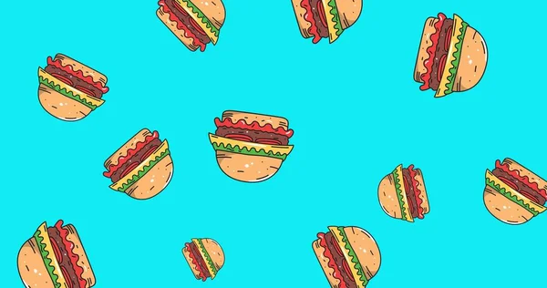 Meervoudig Beeld Van Vallende Amerikaanse Hamburger Sandwiches Tegen Blauwe Abstracte — Stockfoto