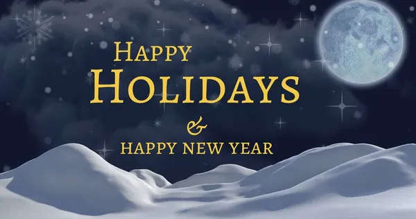Happy Holidays New Year Wishes Text Snowcapped Landscape Cloudy Sky — Stock Photo, Image