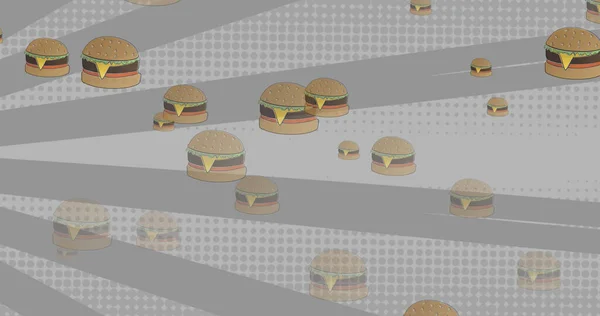 Obraz Cheeseburgerów Spadających Obracające Się Szare Paski Kropki Białym Tle — Zdjęcie stockowe