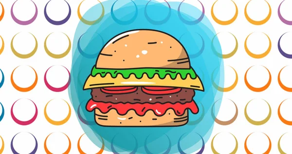 Obrázek Cheeseburgeru Modrém Tvaru Nad Barevnými Kroužky Bílém Pozadí Koncepce — Stock fotografie