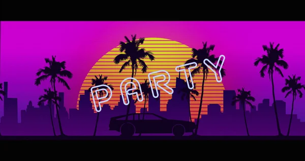 Image Party Neon Text Sunset Palm Trees Cityscape Vintage Communication — Stock Photo, Image