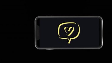 Arkaplanda yağan kar yüzünden kalp ikonunun akıllı telefon ekranında canlandırılması. Dijital olarak oluşturulan noel zamanı konsepti sırasında küresel sosyal medya, bağlantılar ve dijital arayüz.