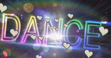 Neon dans metninin üzerine kupa animasyonu ve arka planda ışık lekeleri. Sevgililer Günü, aşk ve romantizm konsepti dijital olarak oluşturulmuş video.