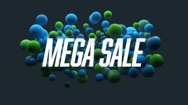 Siyah arka planda yeşil ve mavi küreleri olan, beyazlı mega satış metninin animasyonu. çevrimiçi perakende ve küresel iletişim konsepti dijital olarak oluşturulmuş video.