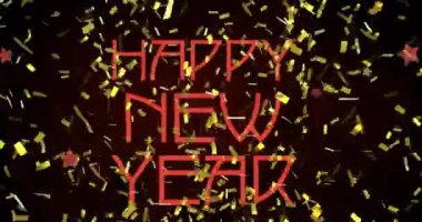 Kırmızılı mutlu yeni yıl metninin animasyonu, siyah arka planda altın konfetisi. Noel, yeni yıl, kutlama, parti ve mevsimlik etkinlik konsepti dijital olarak oluşturuldu.