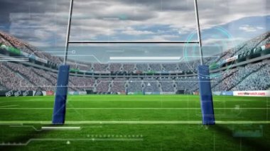 Spor stadyumundaki ragbi sahası üzerinden tarayıcı işleme verilerinin animasyonu. spor, rekabet, küresel iletişim ve veri teknolojisi konsepti dijital olarak oluşturulmuş video.