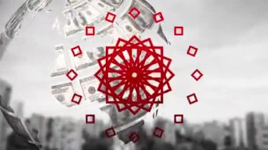 Amerikan dolarları ile şehir manzarasının üzerinde oluşan dünyanın animasyonu. küresel iş ve finans kavramı dijital olarak oluşturulan video.