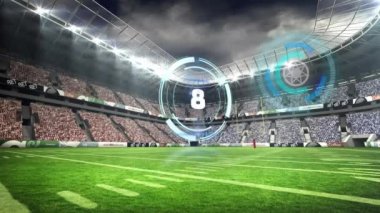 Spor stadyumundaki çim sahası üzerinden geri sayım yapan tarayıcının animasyonu. spor, rekabet, küresel iletişim ve veri teknolojisi konsepti dijital olarak oluşturulmuş video.