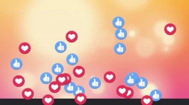 Sosyal medyanın animasyonu ve kalp simgeleri turuncu üzerine. Dijital olarak oluşturulan sosyal ağ ve küresel iletişim konsepti.