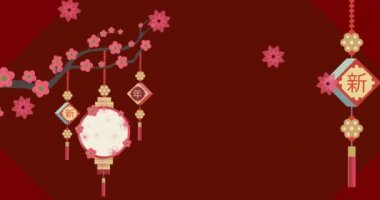 Vişne çiçekleri, çiçekler ve kestane rengi arka planda Çin fenerleri. Çin Yeni Yılı, kutlama, gelenek ve olay konsepti dijital olarak oluşturulmuş video.