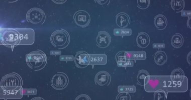 Mavi arkaplan üzerinde sosyal medya simgeleri ve numaraların animasyonu. küresel sosyal medya, bağlantılar ve dijital arayüz konsepti dijital olarak oluşturulmuş video.